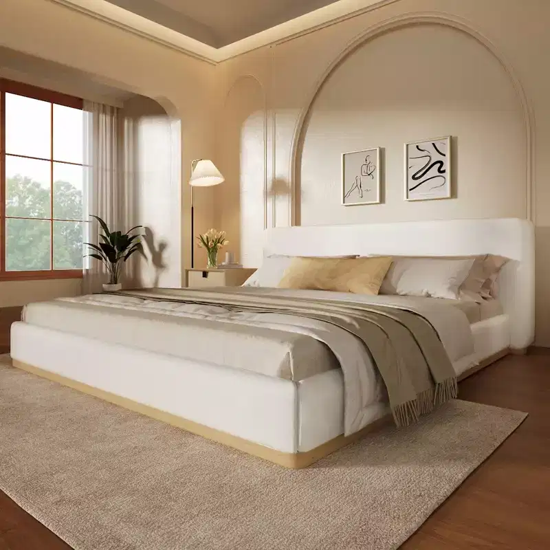 Elegant Velvet Upholstered Bed Frame, Queen/King Size Platform Bed, White