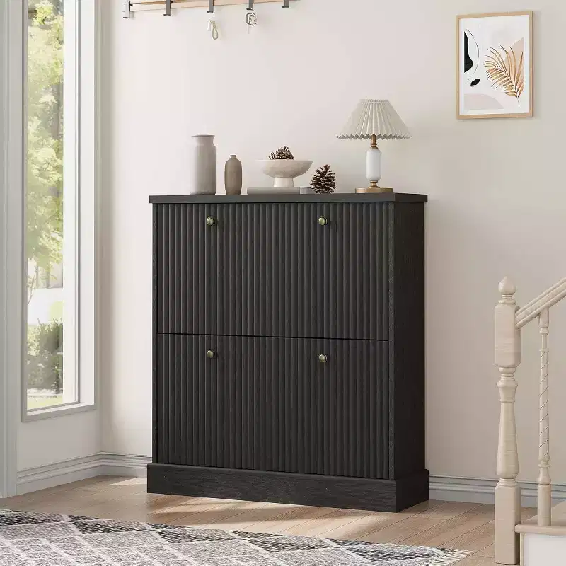 Freestanding Shoe Storage Cabinet | Hidden Fluted 2 Flip Drawers | Adjustable Shelf for Entryway