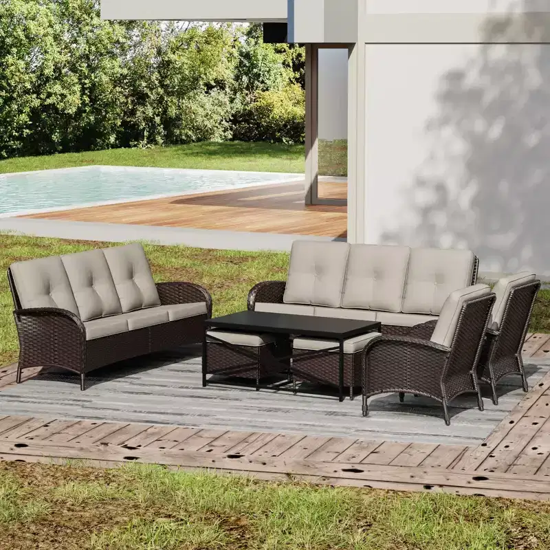 UPTIOT Outdoor Modular Sectional Set with 2 Sofas, Chairs, Ottomans & Weatherproof Coffee Table