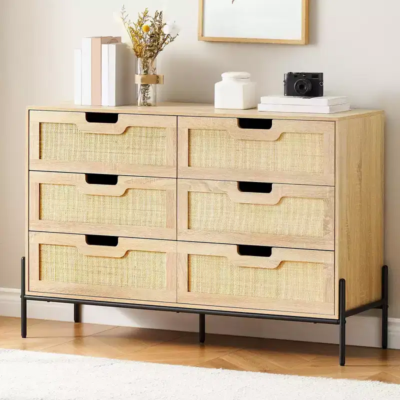Natural Rattan 6 Drawer Dresser, Wooden Chest of Drawer, Farmhouse Storage Cabinet with Metal Legs, Modern Dresser