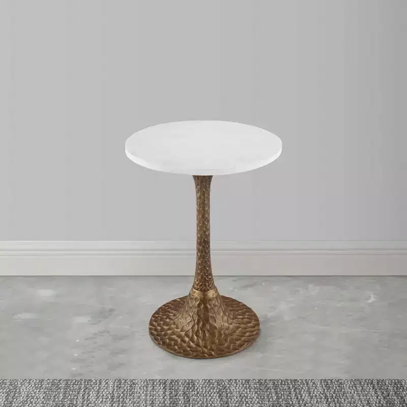 Royal Hampton 20.5 Inch Accent Side Table Round White Marble Top | Hammered Pedestal Base
