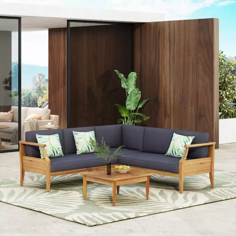 Christopher Knight Home Bianca Outdoor Acacia Wood 5 Seater Sectional Chat Set with Cushions, Teak/Dark Gray