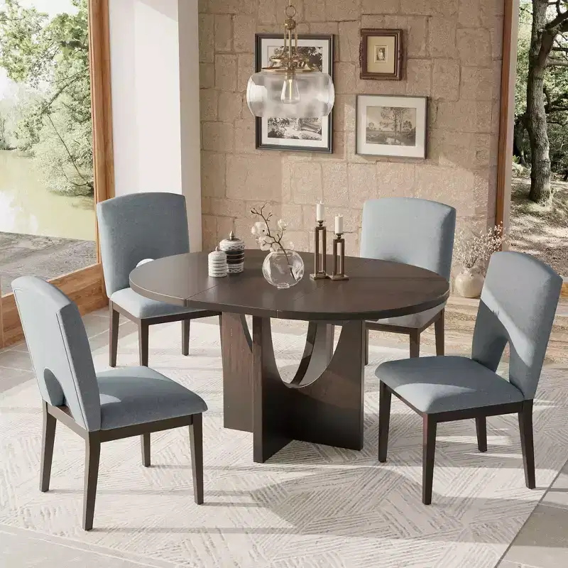 MAYEERTY 5-Piece Modern Extendable Round Dining Table Set, 16.2 Leaf Small Space Table Set, Espresso + Gray