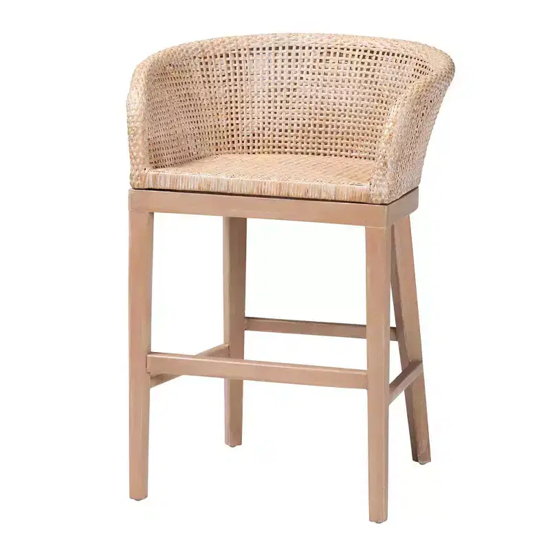 bali & pari Papua Rattan and Mahogany Wood Counter Height Barstool Antique White Wash/Light Brown: 30 Day Limited Warranty, Spot Clean
