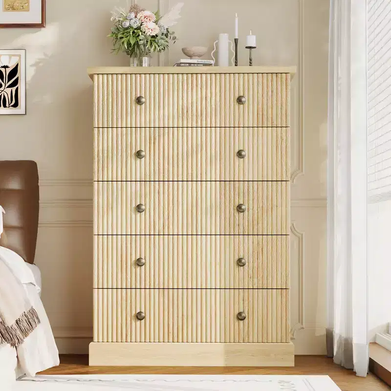 5 Drawer Tall Dresser for Bedroom, Fluted Vertical Chest of Drawers, Wood Storage Dresser with Handles, Space Saving Dresser for Apartment Guest Room