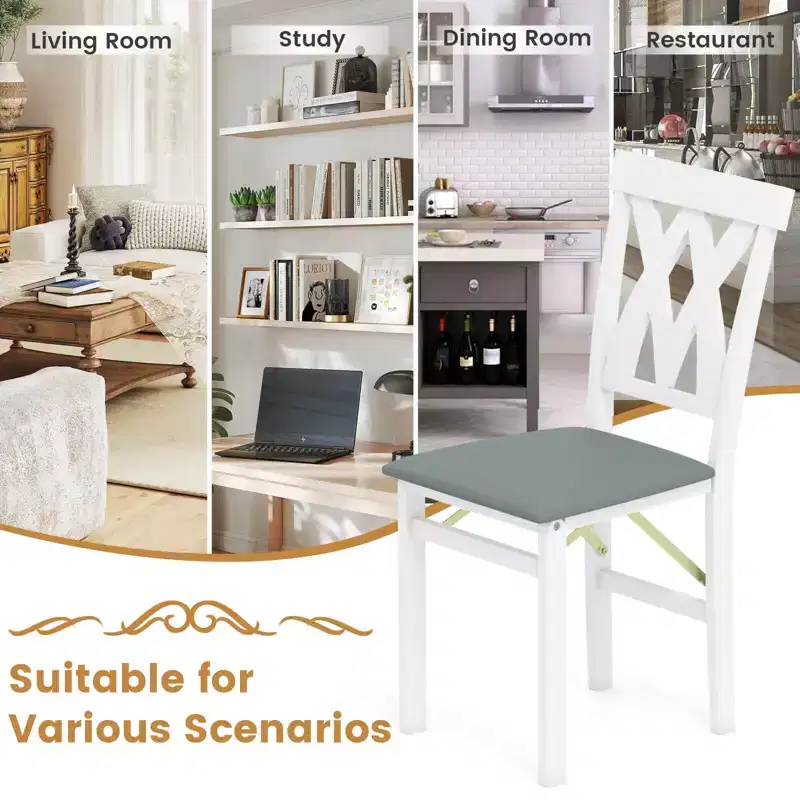 Costway Folding Kitchen Chairs Set of 2/4 with Rubber Wood Frame Padded Seat with PVC Leather White/Brown
