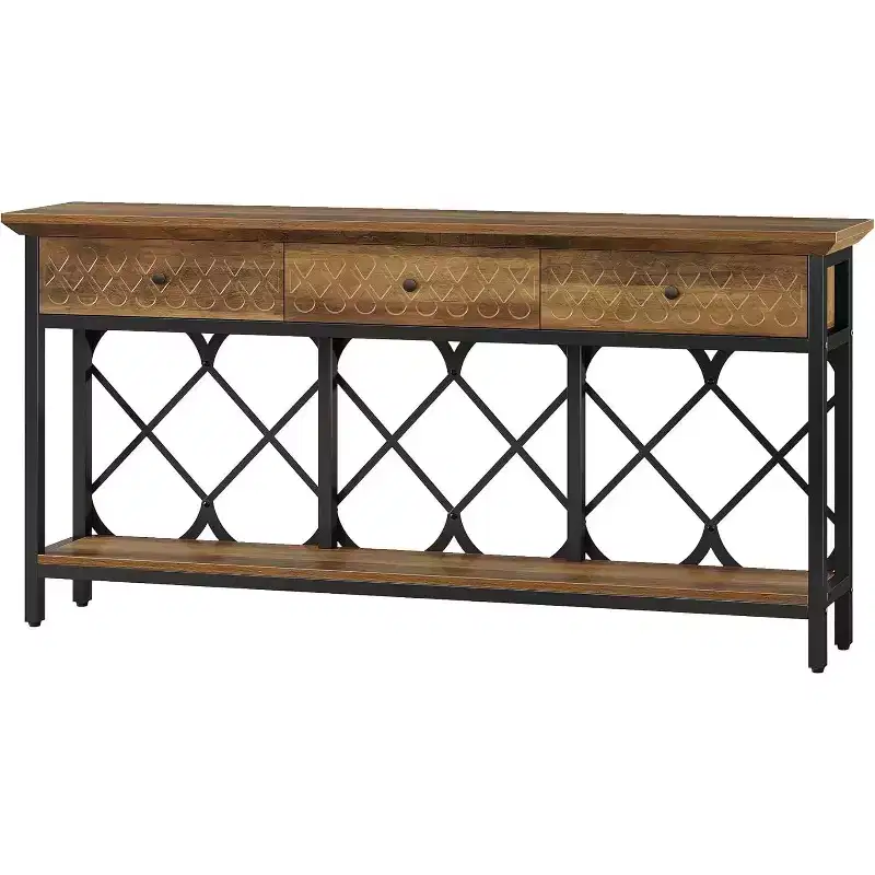 Lantine 70.86 Extra Long Console Sofa Table with 3 Drawers, Industrial 2-Tier Narrow Entryway Table for Living Room, Hallway