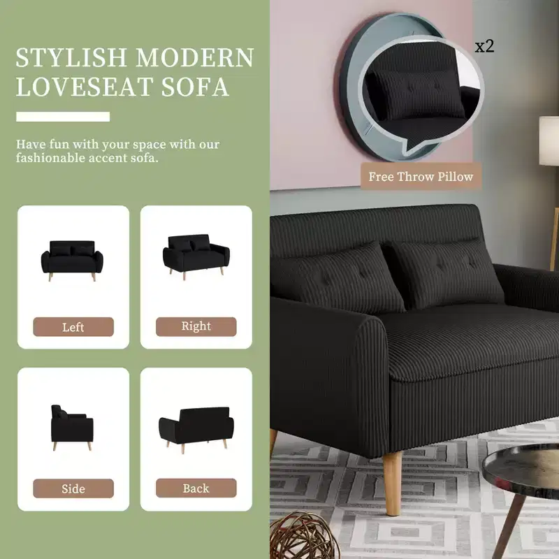 Small Modern Loveseat Sofa with 2 Pillows – Upholstered 2-Seat Couch for Small Spaces