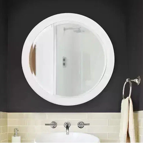 36" Round Matte White Wood Framed Beveled Mirror