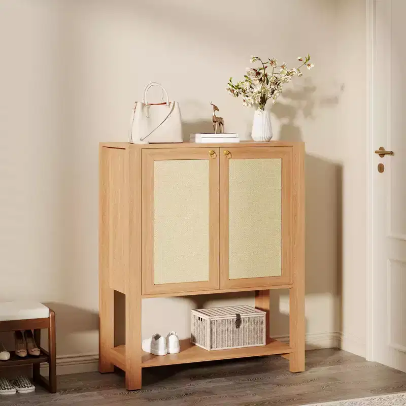 Rattan Shoe Cabinet for Entryway, Farmhouse 5 Tier Shoe Rack Freestanding Wood Storage Cabinet with Adjustable Shelves for Hallway Living Room