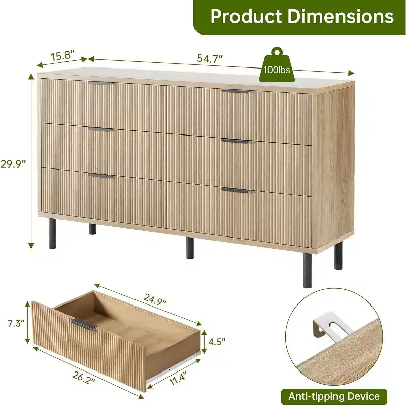 Modern Fluted 6 Drawer Dresser for Bedroom, Wide Chest of Drawers with Metal Handles Legs, Clothes Storage Cabinet Organizer for Living Room