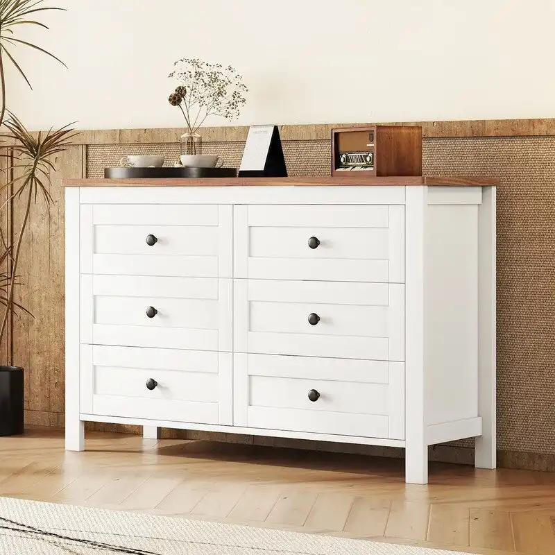 Farmhouse Wooden Dresser with 6 Drawer, Storage Cabinet