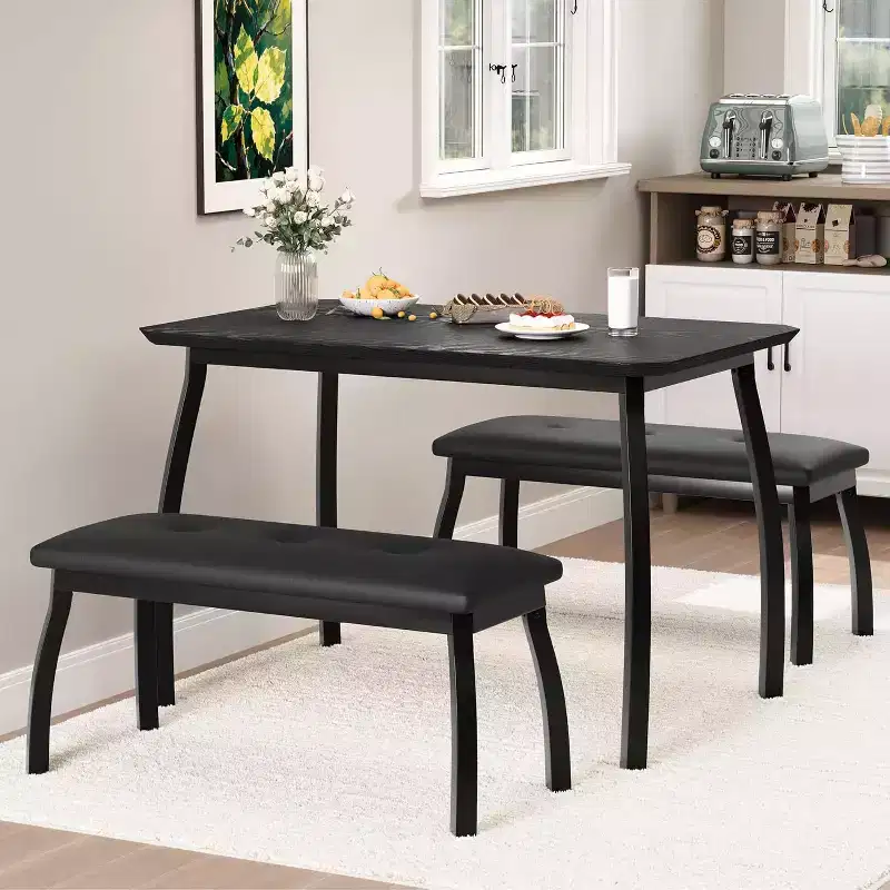 CuisinSmart Dining Table Set for 4, Kitchen Table with 2 Upholstered Bench, 3 Piece Dining Furniture Set for Small Space