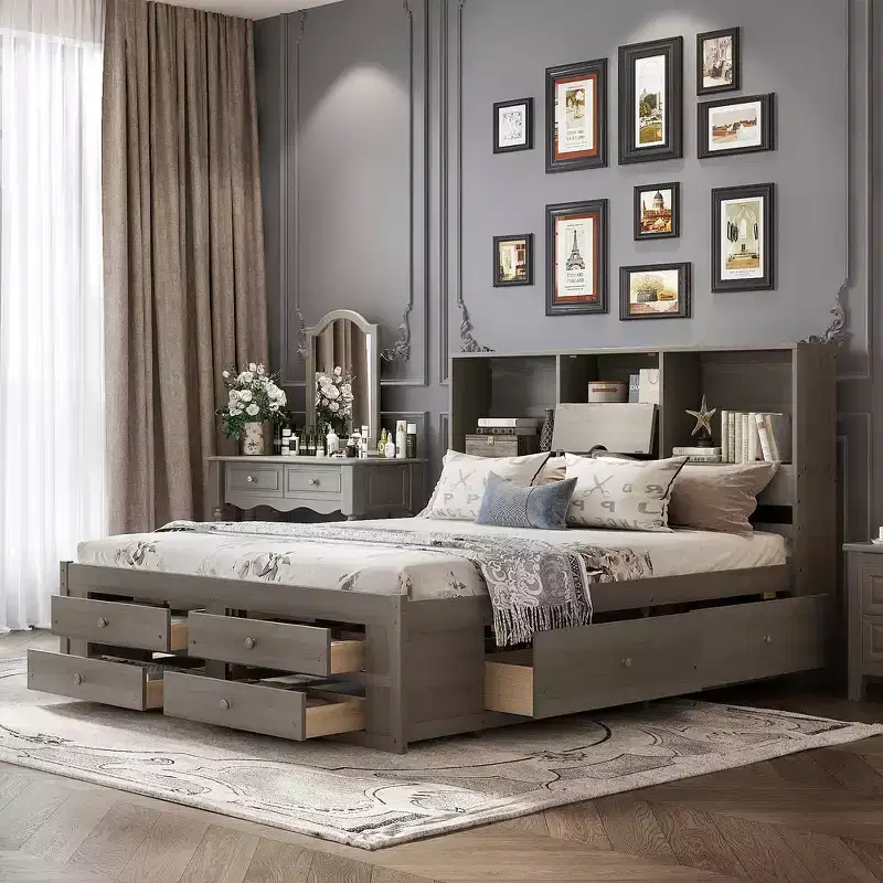 Whisen King Size Platform Bed with Storage Headboard and 8 Drawers