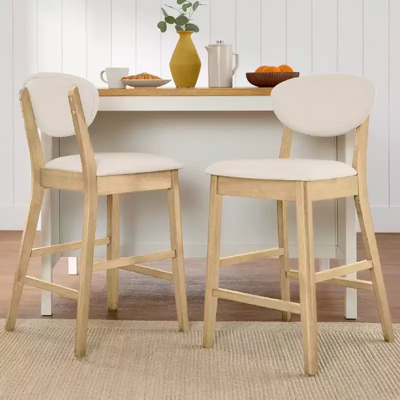 2-Piece Mid-Century Modern Wood and Upholstered Counter Height Bar Stool Set
