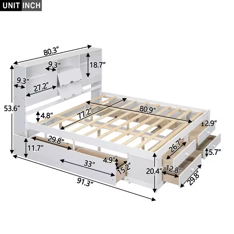 Luxystar Wood Platform Bed with Storage Headboard and 8 Drawers