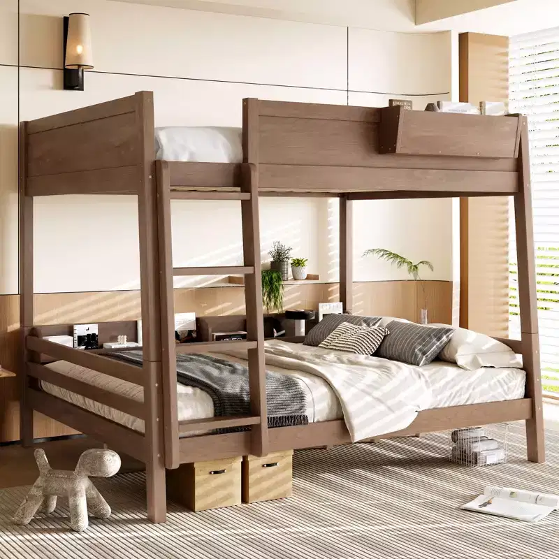 Queen Over Queen Bunk Bed with Bookshelf Storage, Ladder & Guardrails