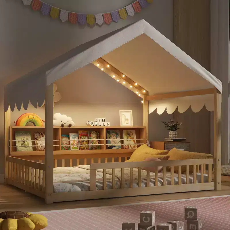 Whisen Full Size Wooden Floor Bed Frame, House-Shaped Daybed with Fense, 3 Storage Bookshelves, Curtain