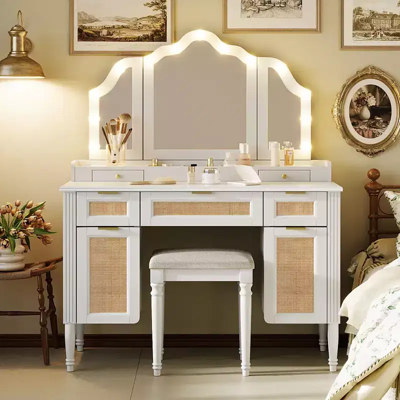Makeup Vanity Desk Vanity Table Dressing Table with 13 Bulbs, Tri-Fold Mirror, Charging Station & Storage Drawers, White - ModernLuxe