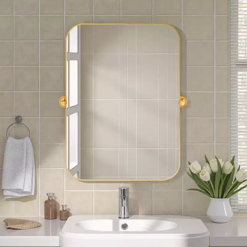 80cm Gold Iron Rectangular Mirror with Rounded Corners and Hardware, 4cm Depth (Double-Sided)