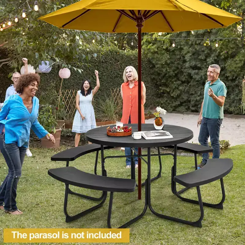 Costway Outdoor 8-person Round Picnic Table Bench Set with 4 Benches & Umbrella Hole Black/Grey/Green/White