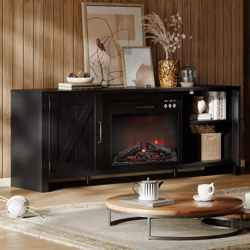 63 Fireplace TV Stand for TVs up to 70, Farmhouse Barn Door Entertainment Center TV Console with 23 Fireplace for Living Room