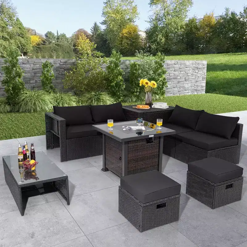 Costway 9 PCS Patio Furniture Set with 32 Fire Pit Table 50,000 BTU Square Propane Fire Pit Black/Grey/Navy/Red/Turquoise/White