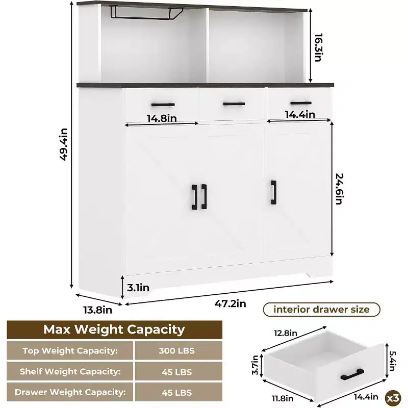 47.2 Sideboard with Storage, Wooden Large Storage Cabinet with 3 Doors, 3 Drawers and 1 Countertop, Suitable for Dining Room, Living Room