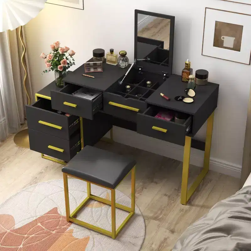 Okak Makeup Vanity Dresser Set with Mirror, Modern Storage Cabinet with 4 Drawers, Wood Dressers with Nightstand for Bedroom