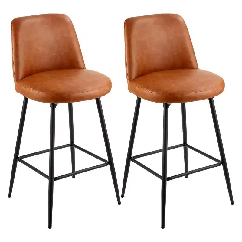 Bar Stool Set of 2, 27 Inch Counter Height Swivel Stools, PU Leather Barstools with Backrest & Metal Legs, Brown