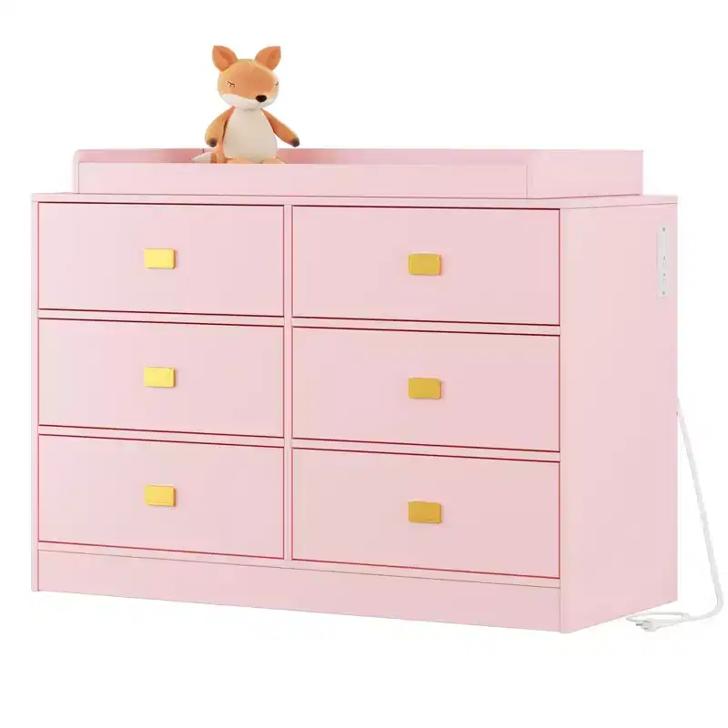 Acekool 6 Drawer Dresser with Changing Table Top, Wide Chest with Power Outlets, Removable Changing Pad, Nursery Storage Organizer for Infant, Pink