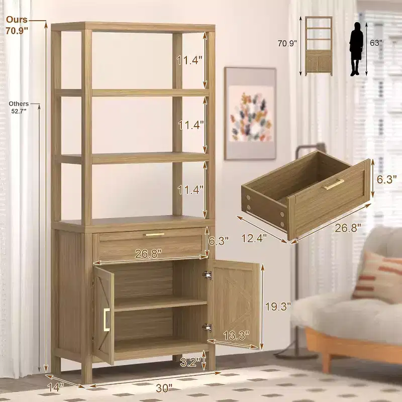 5 Tier 71 in Tall Farmhouse Wooden Bookcase with Adjustable Shelves, Cabinet, Drawer and Sliding Doors, for Bedroom, Living Room, Home Office