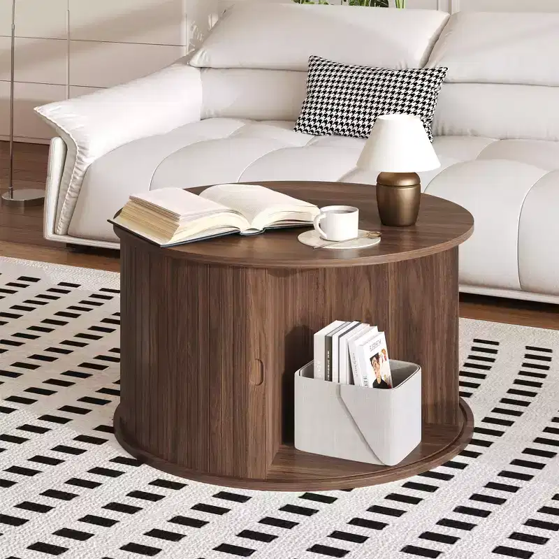 Coffee Table, Round Coffee Tables with Storage, Fluted Center Table, 28 Mid Century Modern Table with Sliding Cabinet Door for Living Room