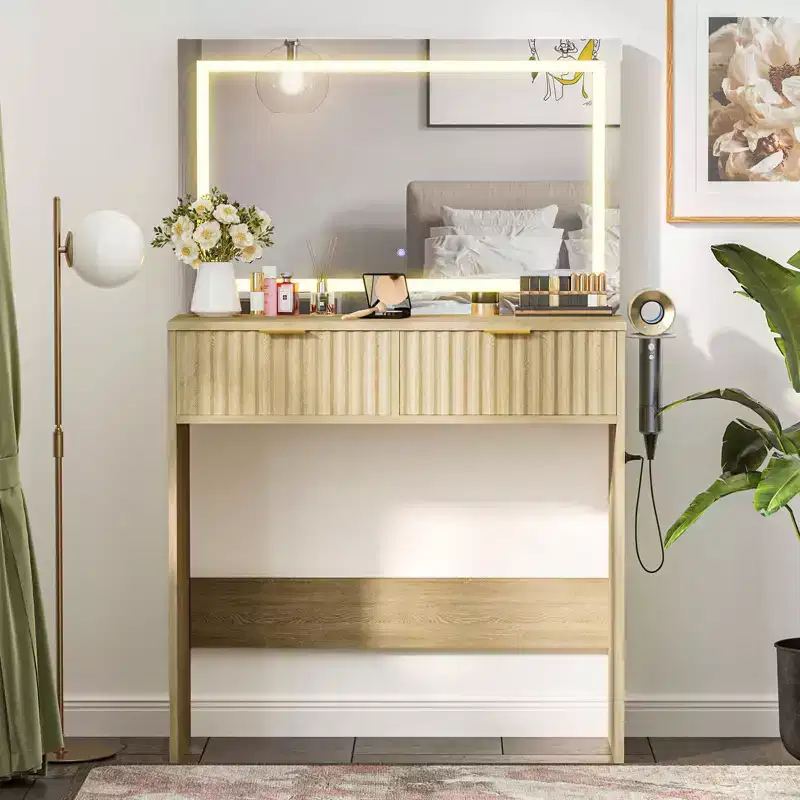Fluted Vanity Desk w/Mirror and Lights, Small Makeup Vanity with 2 Drawers & Power Outlet, 3 Lighting Modes Adjustable Brightness for Bedroom