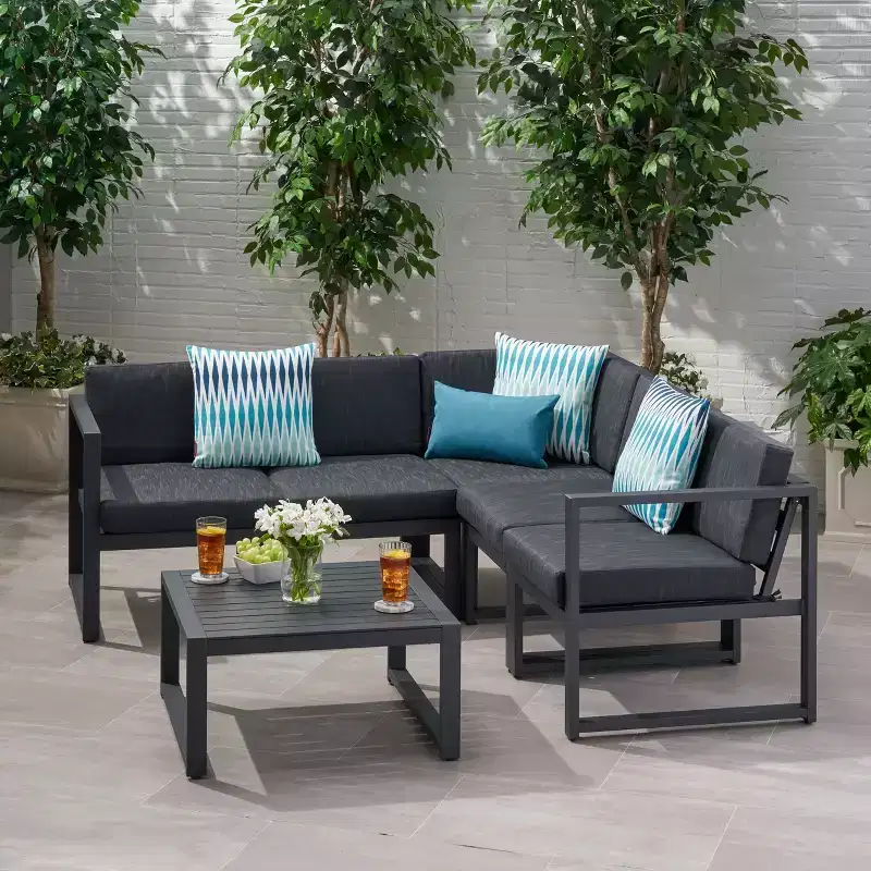 Christopher Knight Home Navan Outdoor Aluminum 5 Seater Sectional Sofa Chat Set with Cushions, Dark Gray/Black