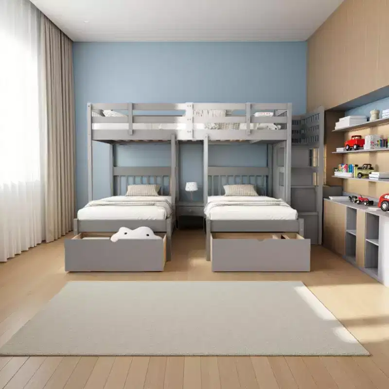 Full Over Twin & Twin Triple Bunk Bed with Storage Stairs