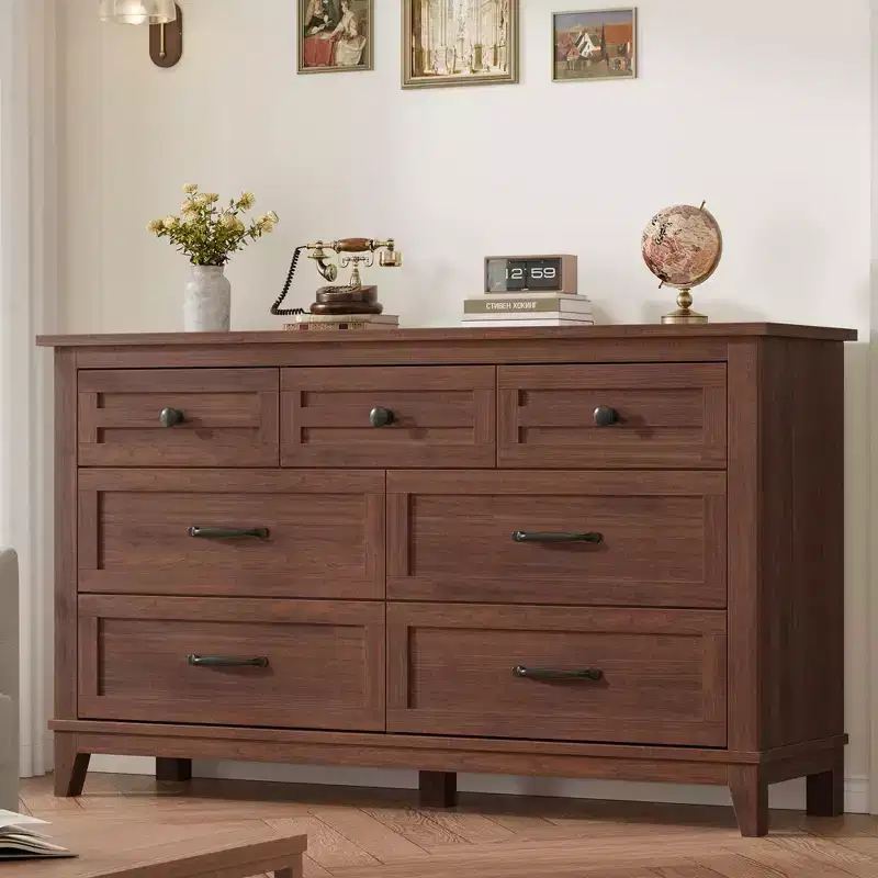 Spacious 7 Drawer Wooden Dresser for Bedroom - 54 Wide Storage Chest - Freestanding Closet Organizer - Bedroom Furniture Set