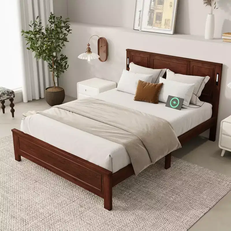 Queen Bed & Bed Frame with Tall-Panel Headboard & Footboard, Built-in LED Lights, USB Charging Station