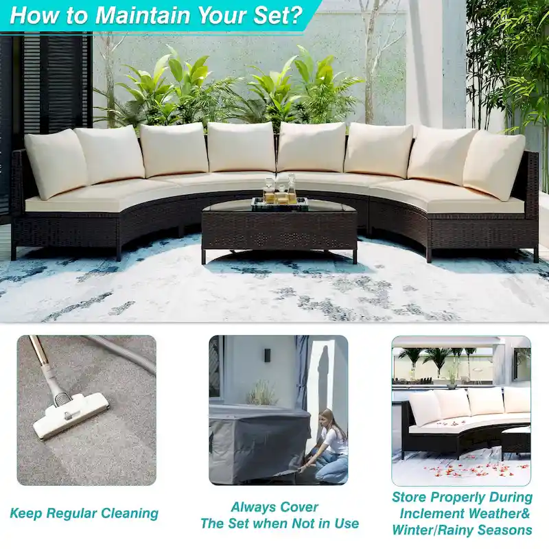 5-Pieces All-Weather PE Rattan Wicker Half-Moon Sofa Set