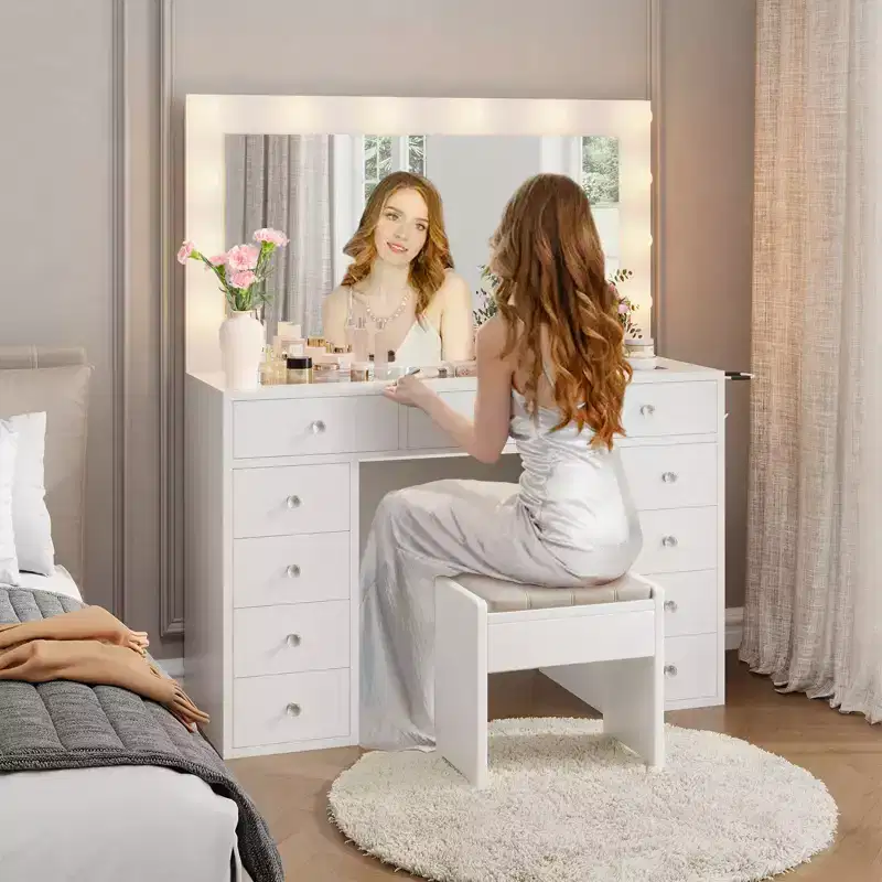 Dressing table with power outlet, 11 - drawer vanity with mirror and 12 LED lights, suitable for bedrooms