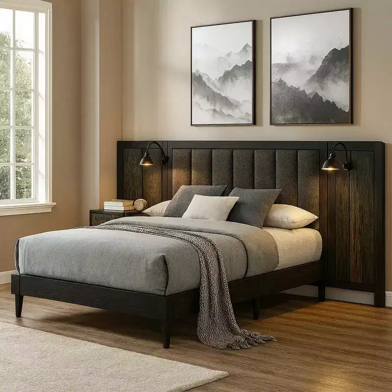 Queen Size Platform Bed with Upholstered Headboard, LED Lighting & Dark Brown Wood Frame