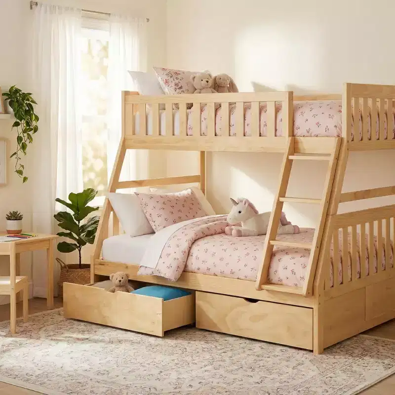 Modern Wood Twin Over Full Bunk Bed with Storage Boxes