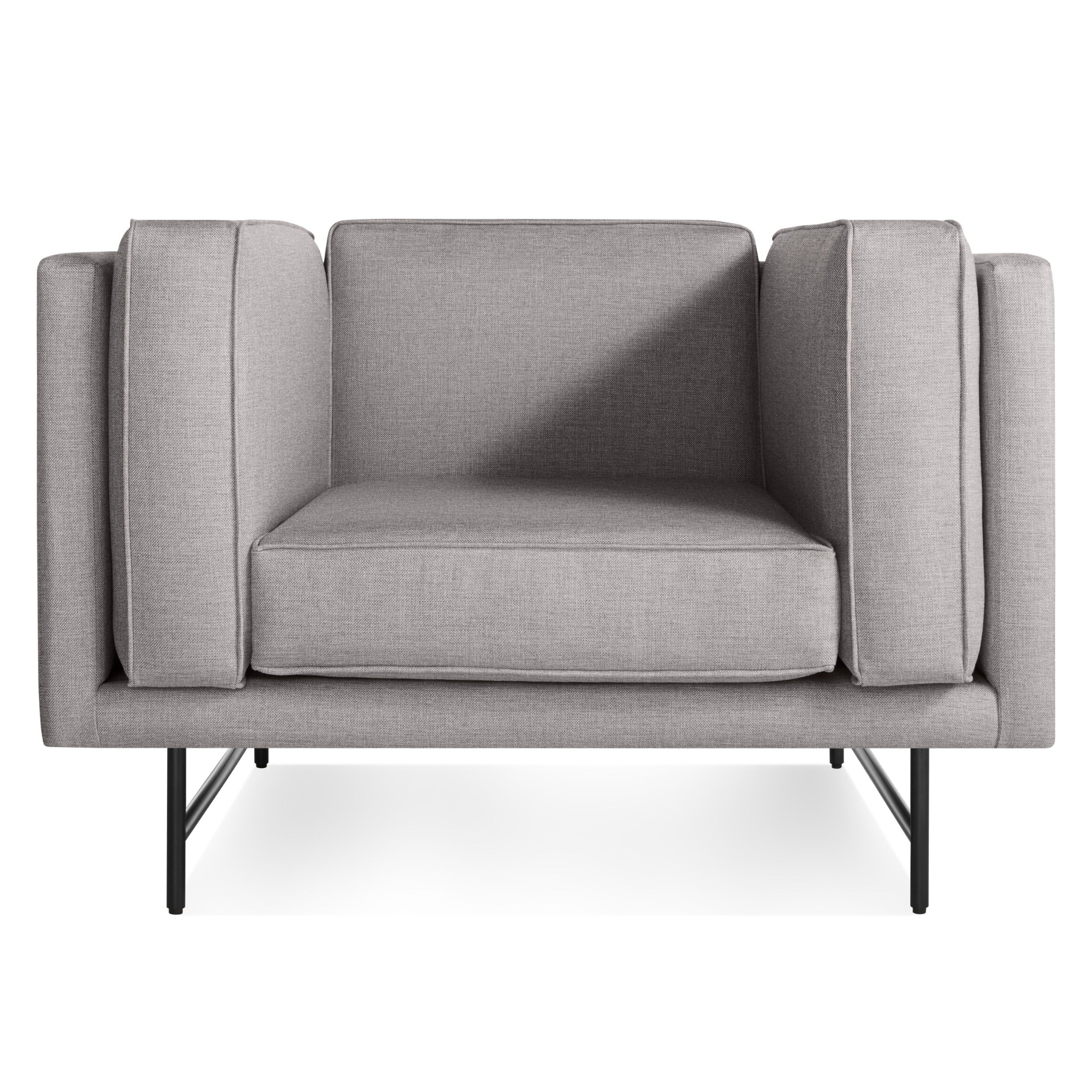 Modern Grey Fabric Lounge Chair with Piped Cushions & Metal Legs for Living Room