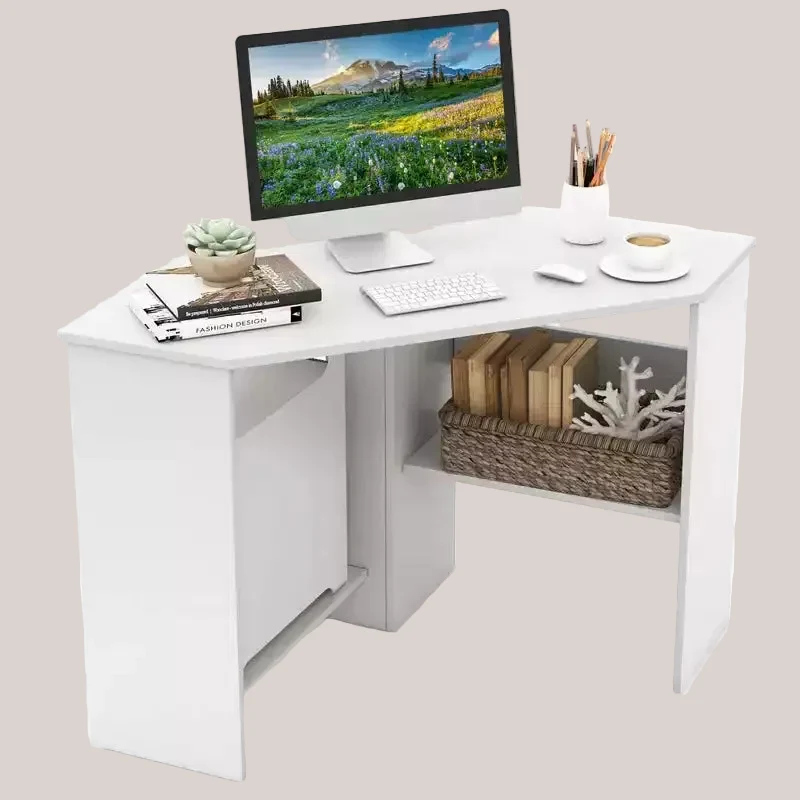 Corner Computer Desk, Triangle Writing Workstation with Storage Shelf, White