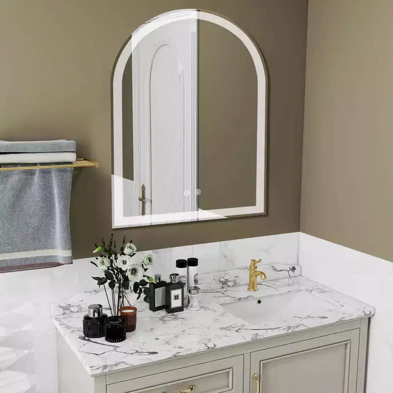 MAYEERTY 20x28 Inch Arched LED Bathroom Mirror with Charging, Anti-fog 3-Color Memory Dimming Dual Light