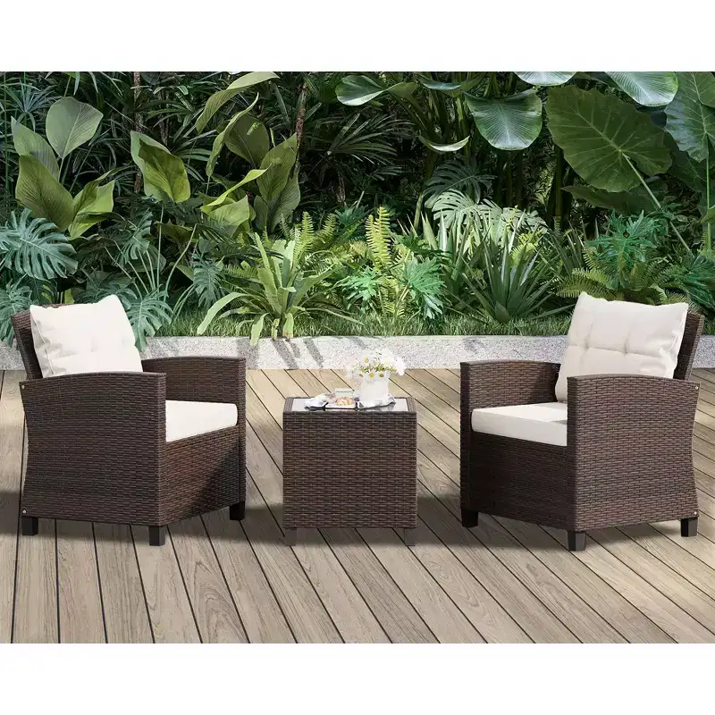 Celebalcony 3 Pieces Patio Conversation Furniture Set, PE Rattan Wicker 3 Pcs Outdoor Sofa Set w/Washable Cushion and Tempered Glass Tabletop