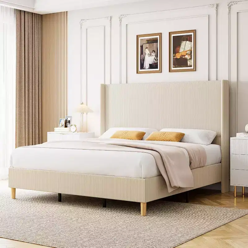 Corduroy Upholstered Bed Frame, Vertical Channel Tufted Wingback Headboard, Wood Slats Support, Noise Free, Easy Assembly