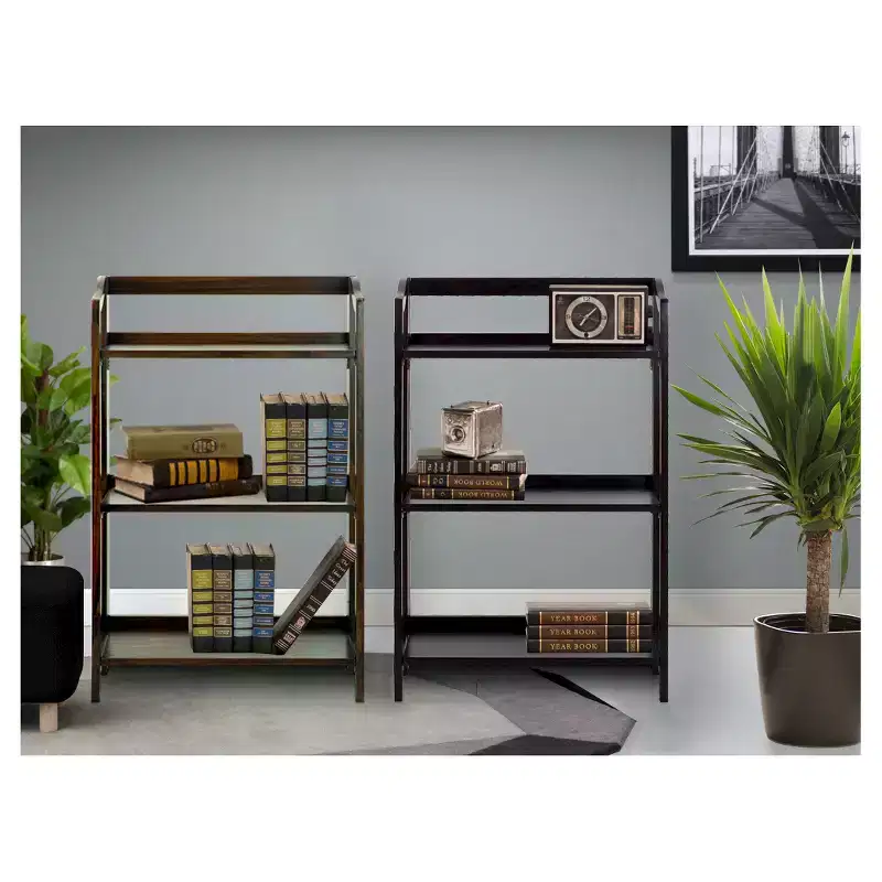 3-Shelf Folding Bookcase, Stained Wood, Steel Hardware, Anti-Tip