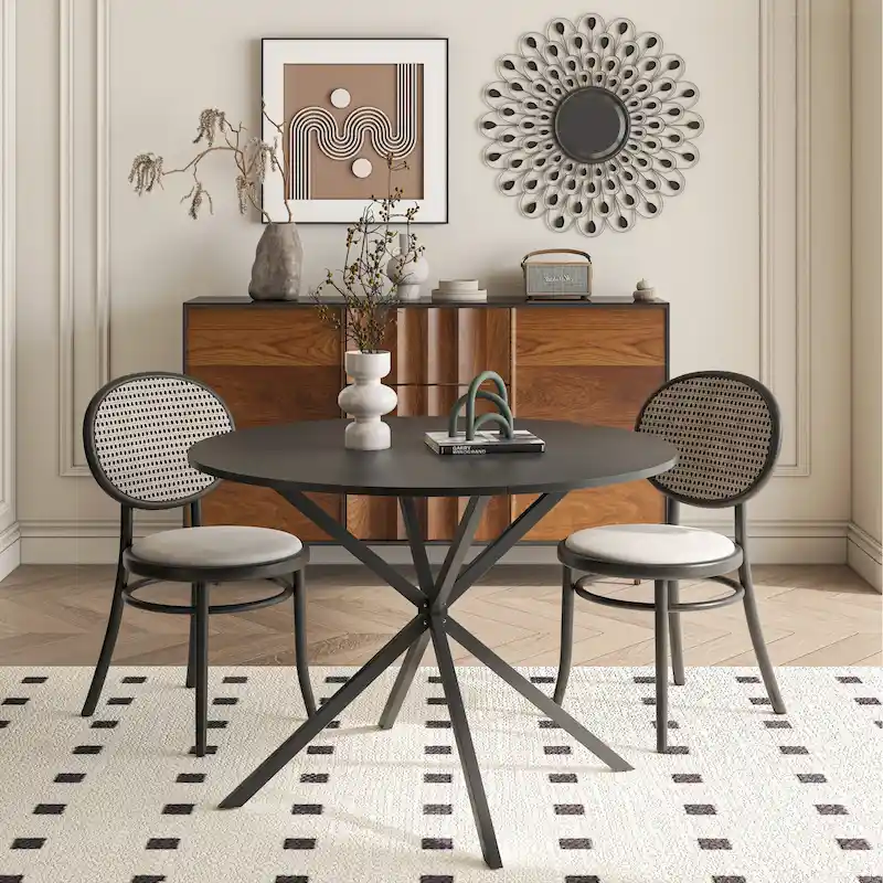 Round Dining Table, Cross Leg, Black / White / White Marble, 2-Person, Removable 2-Piece Top