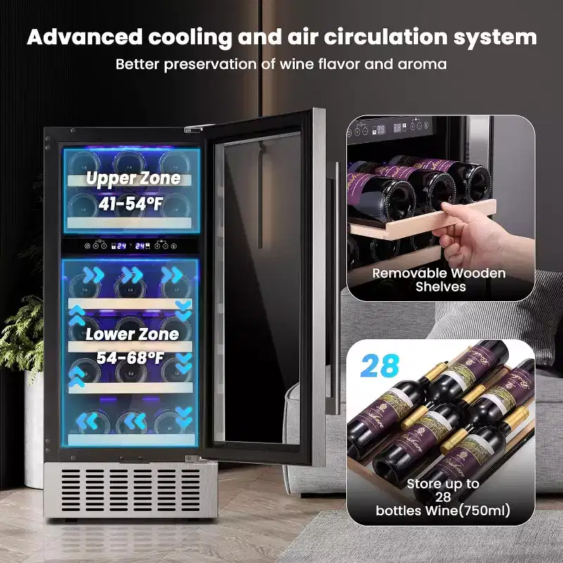 ZAFRO 15 Wine Cooler Under Counter Beverage Refrigerator Beer Mini Fridge 28 Bottles Stainless Steel Double-Layer Tempered Glass Door